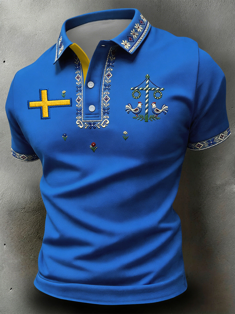 Vintage Svensk Midsommar Floral Casual Polo tröj