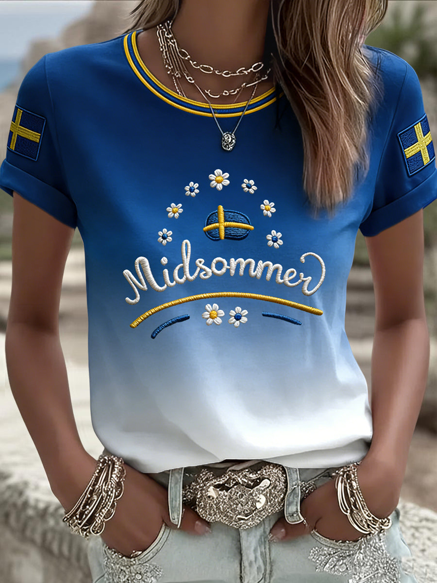 Kvinnors Retro Svenska Midsommar Blommor T-shirt