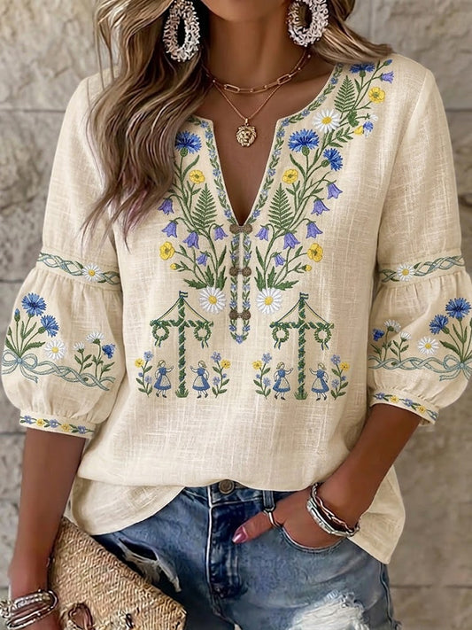 Vintage svensk Midsommar Blomsterprintet bomull/lin-bluse for kvinner