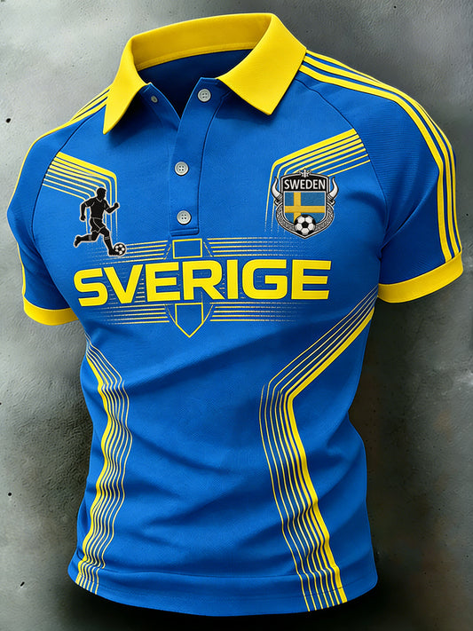 Herrepoloskjorte i sporty stil med fargeblokker og raglanermer, korte ermer