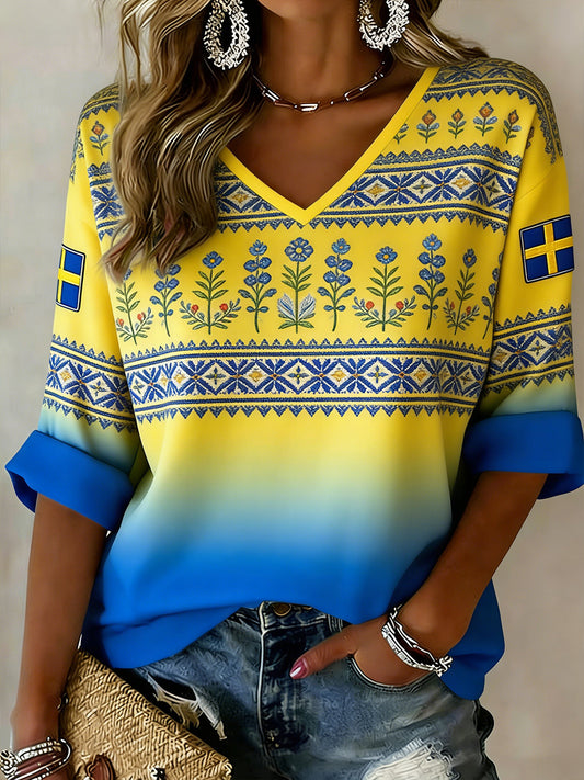 Kvinner Midsommerfestival Etnisk stil Print Casual V-hals Topp