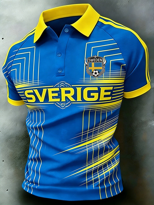 Herrpolotröja i sportig stil med färgblock och raglanärmar, korta ärmar