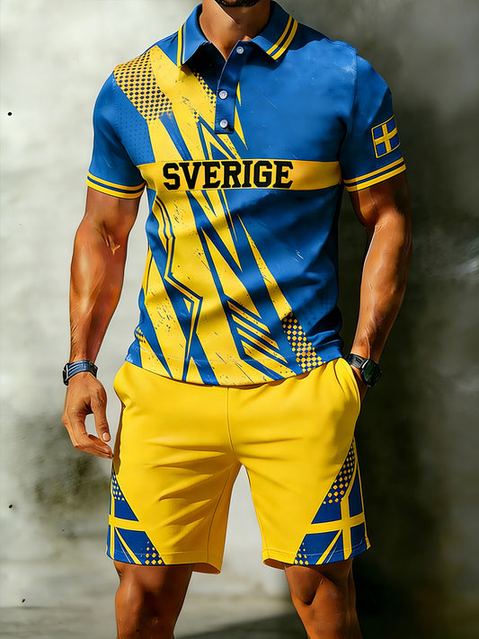 Fargeblokkert kortermet sportspolotrøye og shortssett for menn