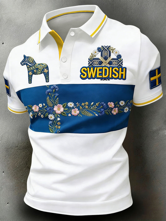 Retro Svensk Midtsommer Blomster Lappeløst Tilfeldig Poloskjorte