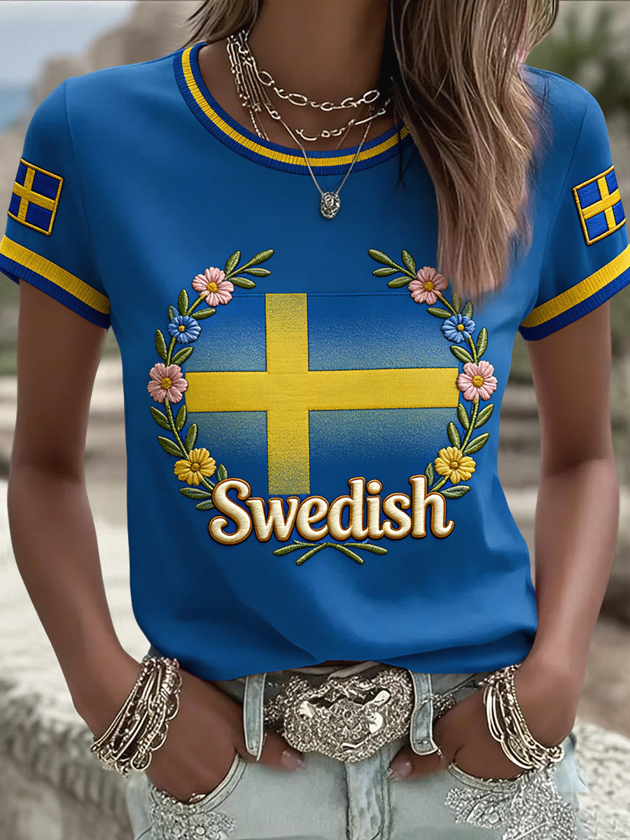Dams retro svensk midsommarblommig casual t-shirt