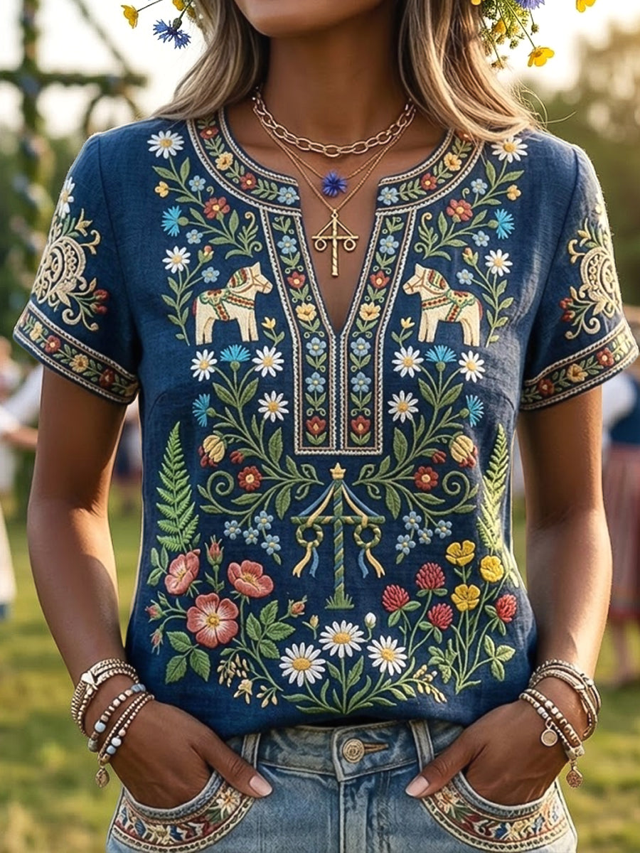 Kvinnor Retro Svenska midsommar blommor konst Casual V-hals T-shirt