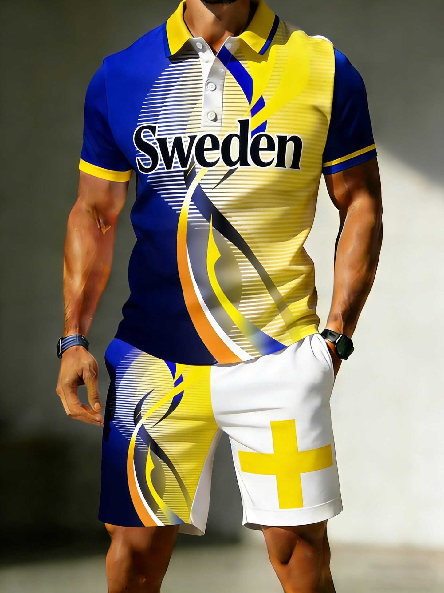 Herrpolsoställ med svensk fotbollstema och konstnärlig print