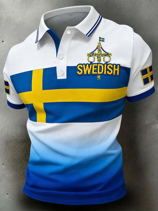 Retro Svensk Midsommar Geometrisk Lapping Casual Poloskjorte