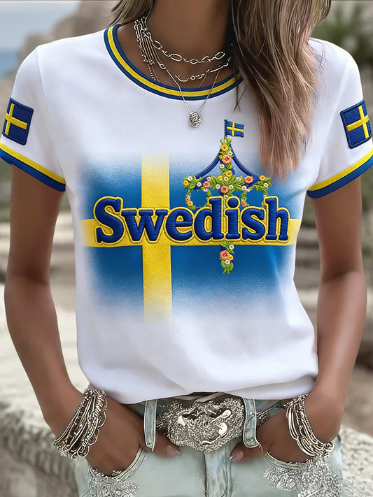 Damer retro svensk midtsommerblomstret lappeteppe-løper uformell t-skjorte