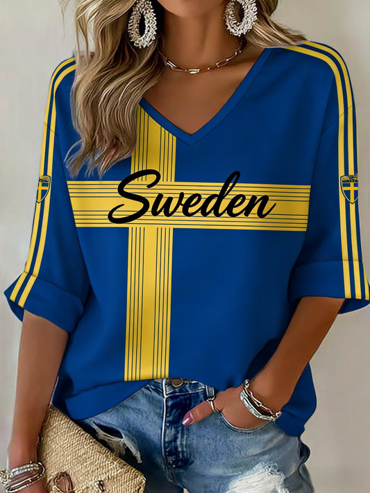 Damer Retro Svensk Fotballflagg Mønstret Avslappet T-skjorte