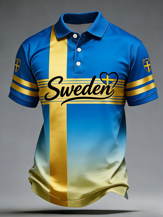 Retro svensk fotballflagg-emblem uformell pique-skjorte med korte ermer