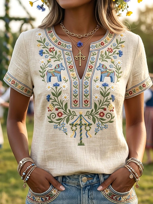 Kvinner Retro Svensk midsommer Floral Casual V-Hals T-skjorte