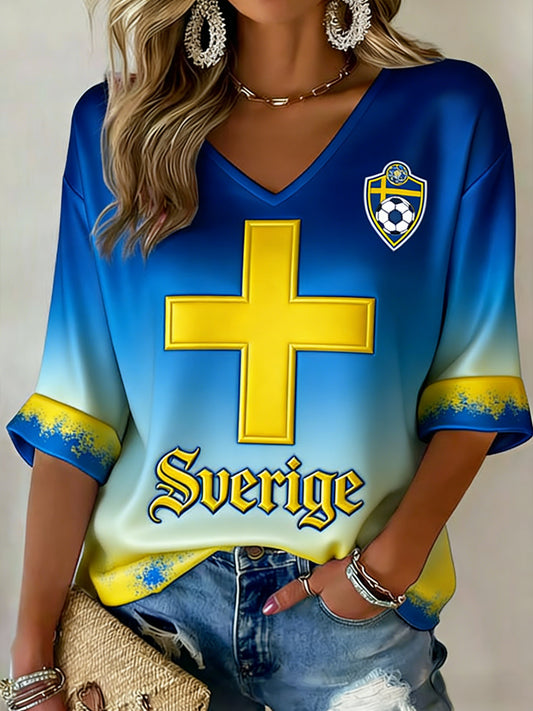 Damer Retro Svensk Fotballflagg Mønstret Avslappet T-skjorte