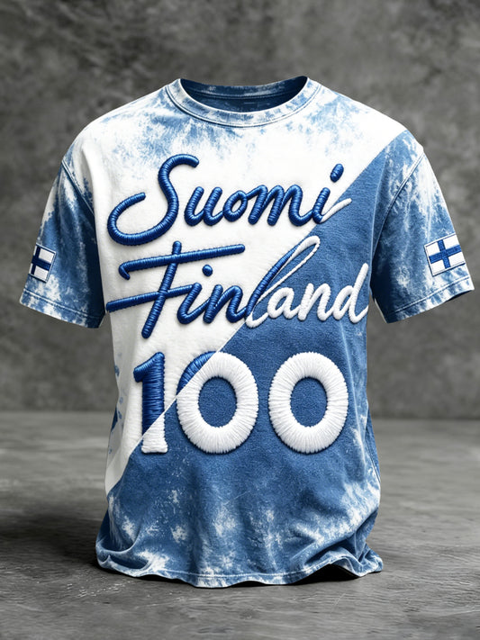 Finsk Suomi vintage patchwork mønstret T-skjorte for menn