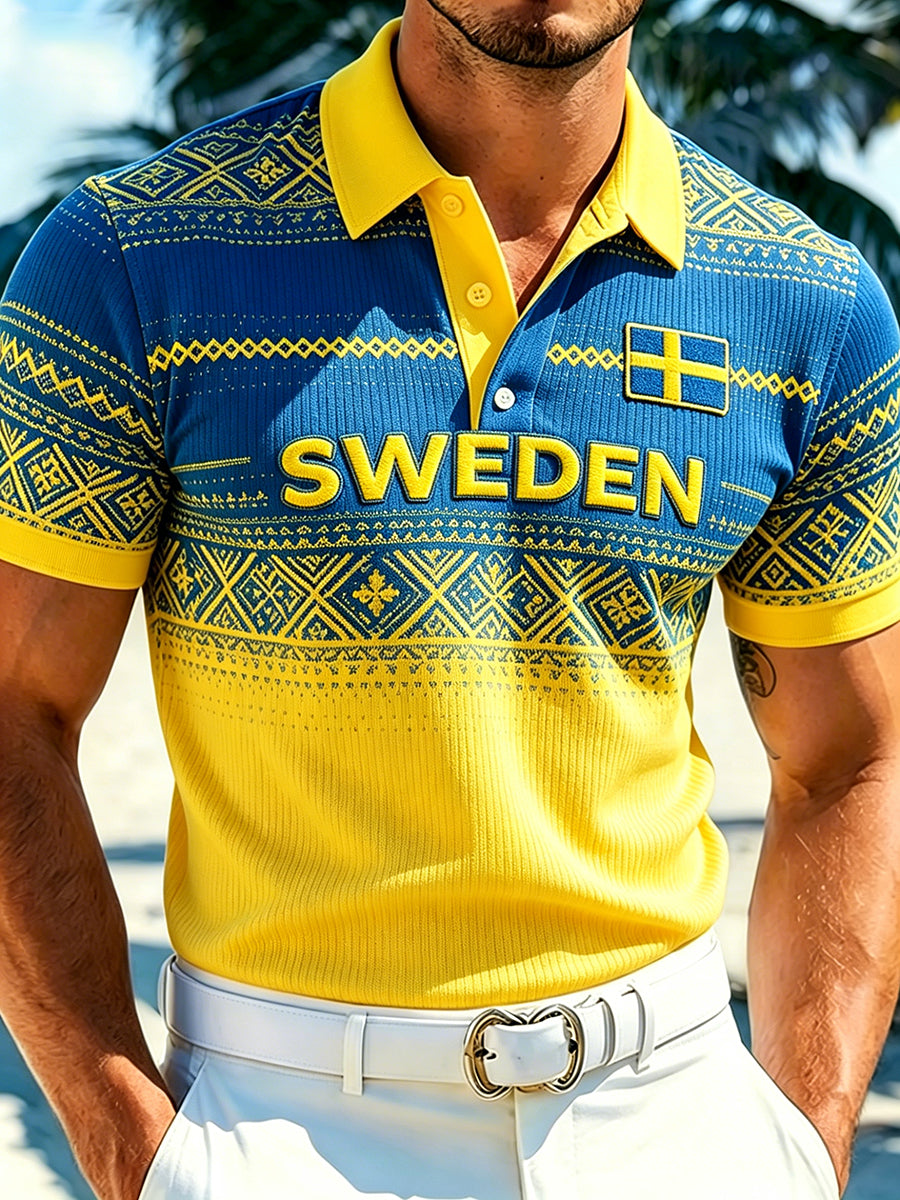 Mäns etnisk stil broderad tryck stickade polo skjjorta