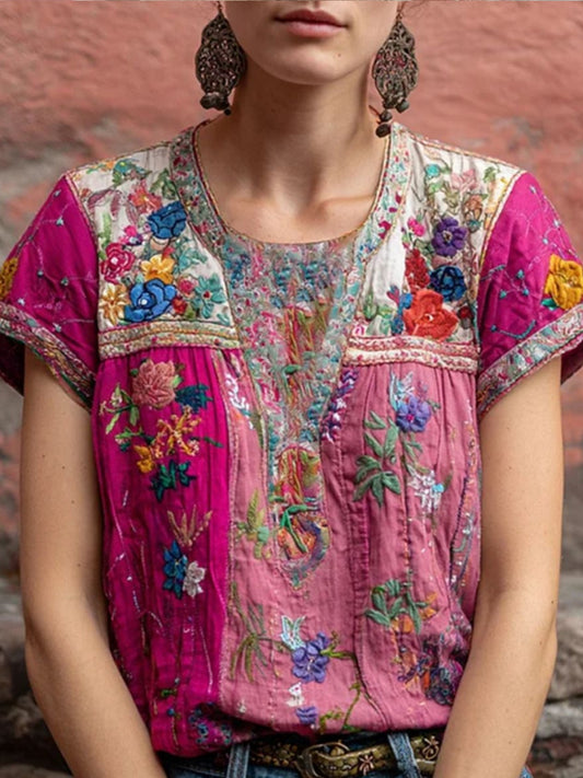 Kvinner Bohemsk Blomsterbroderi Kunst Kontrast Farge Linblanding T-skjorte