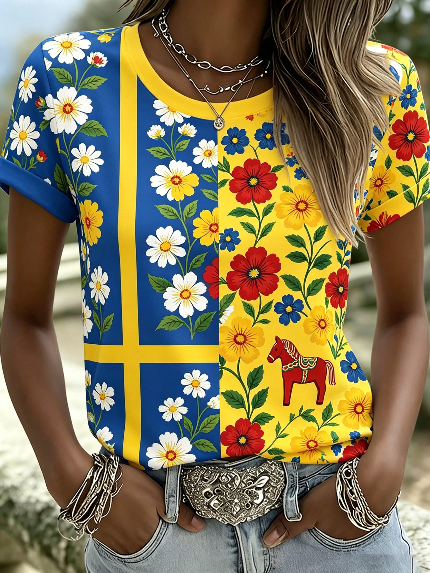 Damer Svensk midsommarfest minneskonsttryck T-shirt