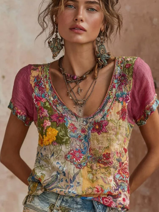 Kvinnors Bohemian Blomsterbroderi konst V-hals kontrast färg Lin Bland T-shirt