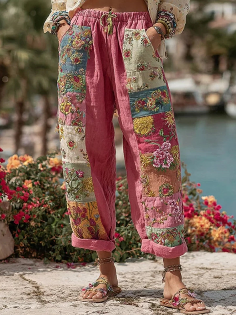 Kvinnor Bohemian Blomsterbroderi konst kontrast färg lin blandning Casual byxor