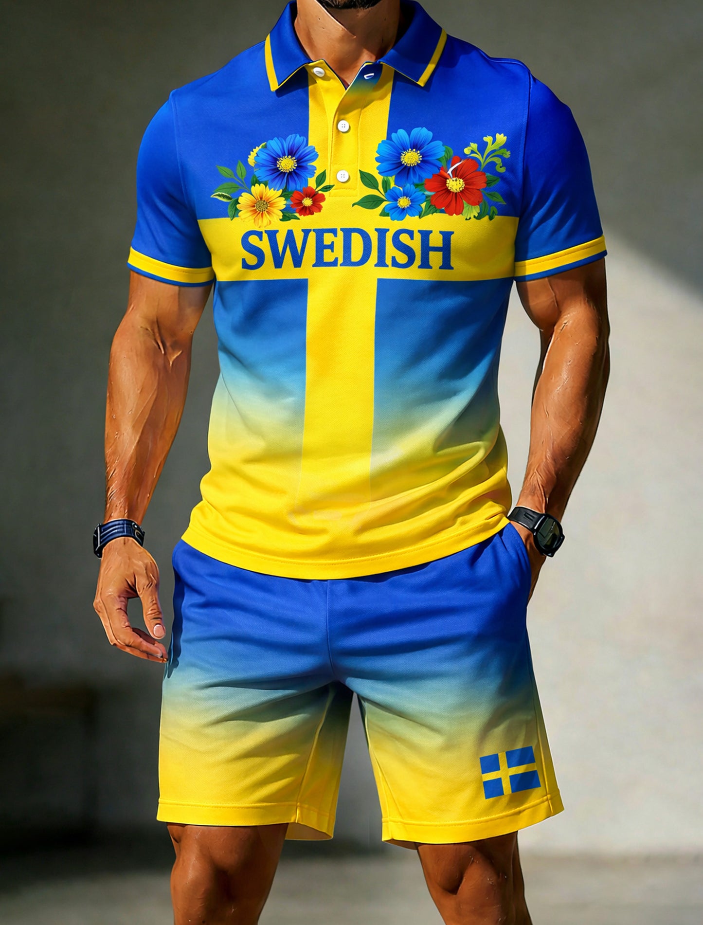 Herrpolotröja med konsttryck till minne av den svenska midsommarfesten