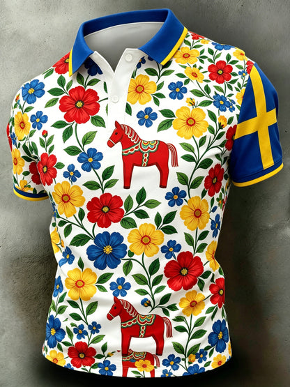 Herrpolotröja med konsttryck som hyllar den svenska midsommarfesten