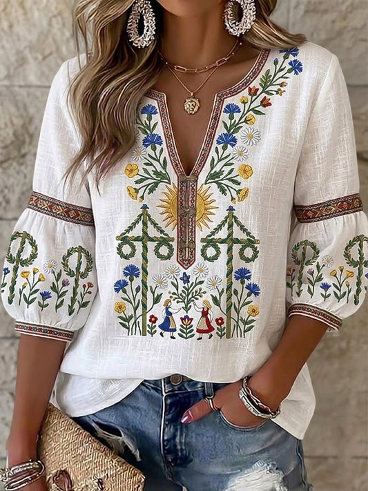 Asymmetrisk fritids-T-skjorte for damer med V-hals, inspirert av midtsommer