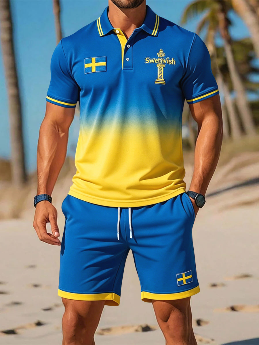 Herrset med retroinspirerade poloshorts i svenska midsommarfärger – avslappnad stil