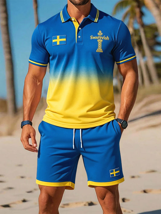 Herresett med retroinspirerte poloshorts i svenske midtsommerfarger – avslappet stil