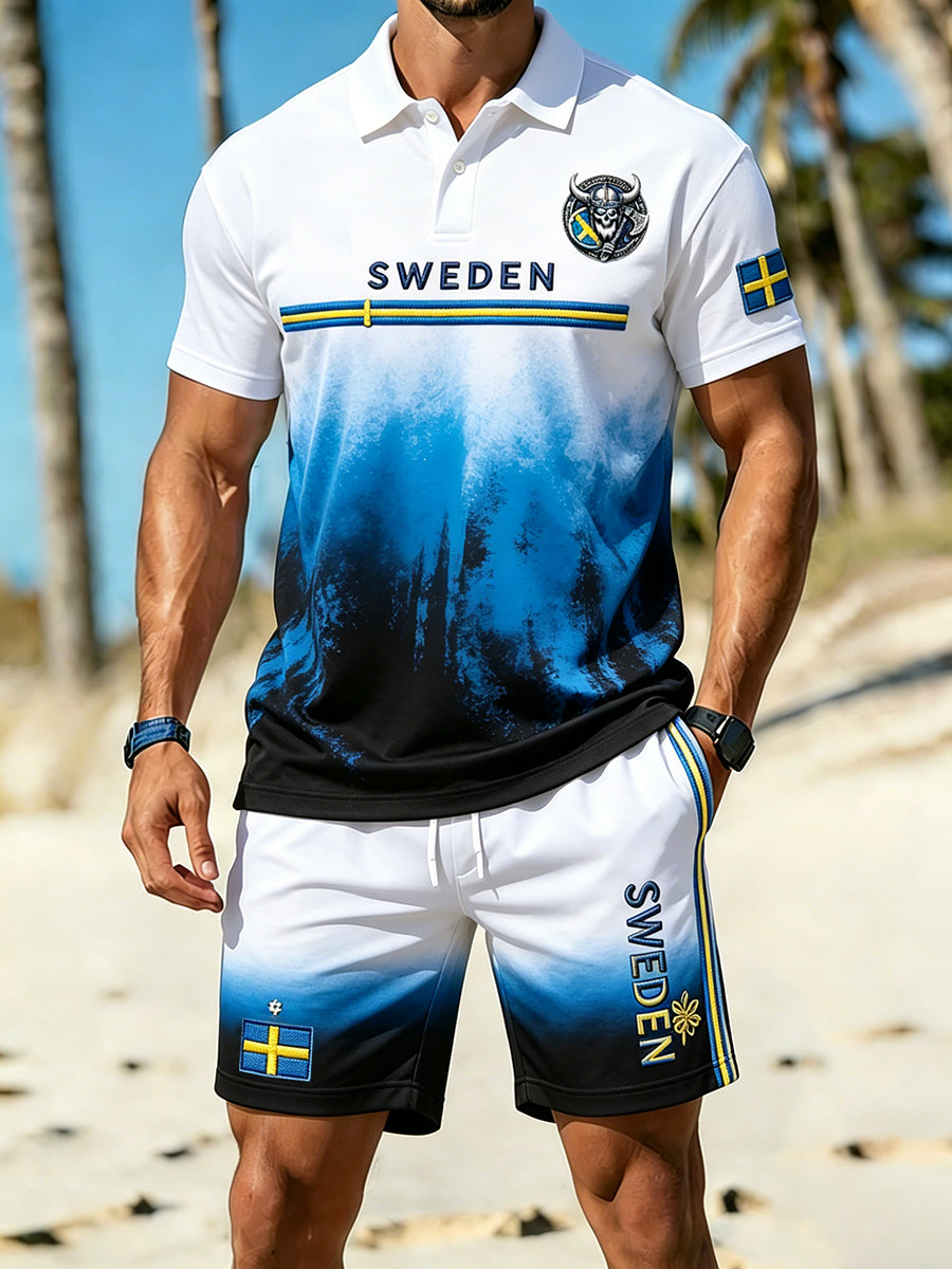 Retro Swedish Art-Style Print Casual Polo & Shorts Set