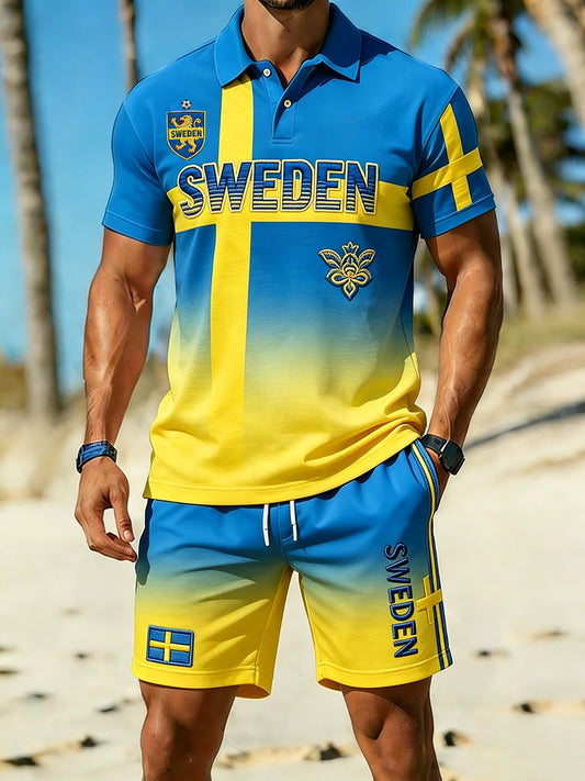 Retro svensk kunsttrykk avslappet polo- og shortssett