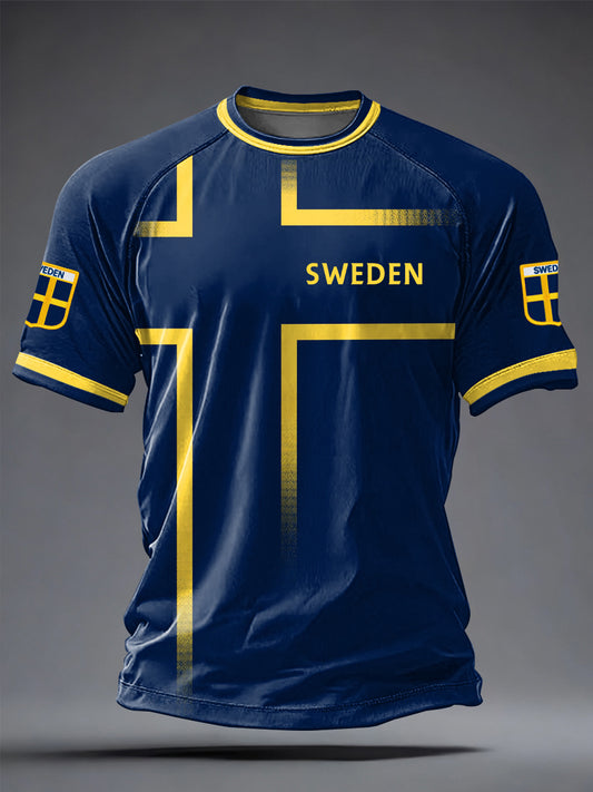 Herrtröja i svensk fotboll med tryckt, avslappnad stil och korta ärmarna