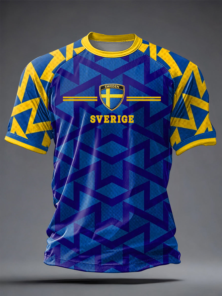 Herrtröja i svensk fotboll med tryckt, avslappnad stil och korta ärmarna