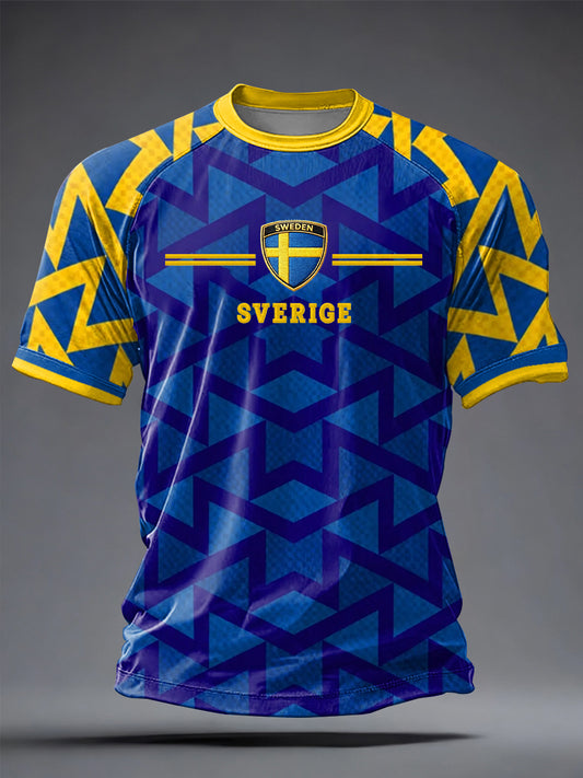 Herregenser i svensk fotball med trykt, avslappet stil og korte ermer