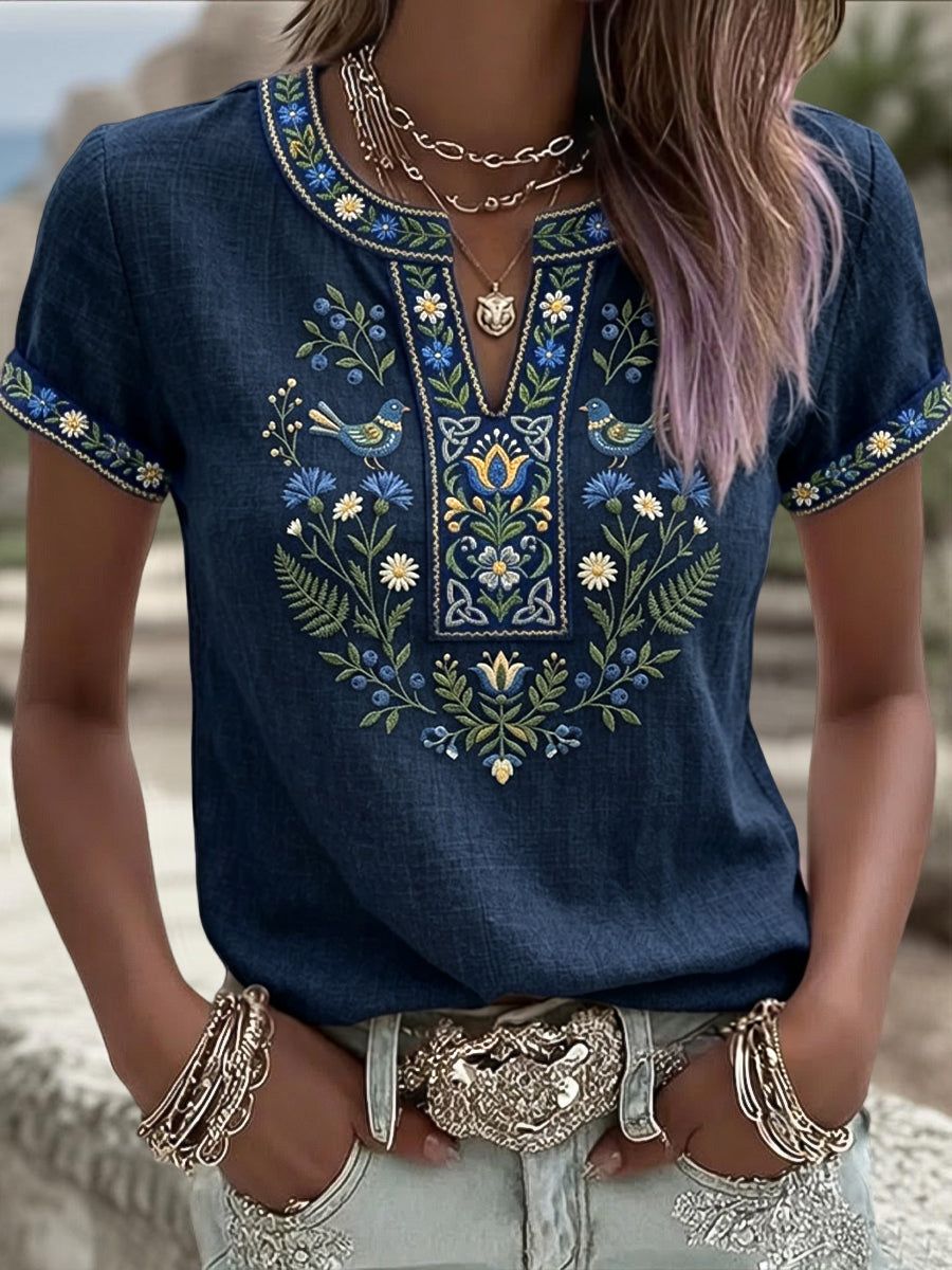 Kvinnors Retro Konst Svenska Midsommar Ethnic Floral V-Hack T-shirt