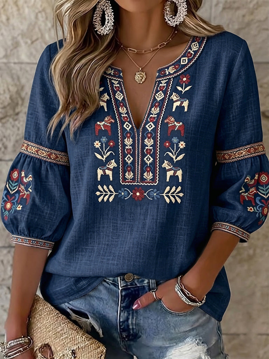 Kvinnors Vintage-stil Svenska midsommar Floral V-Hack Topp