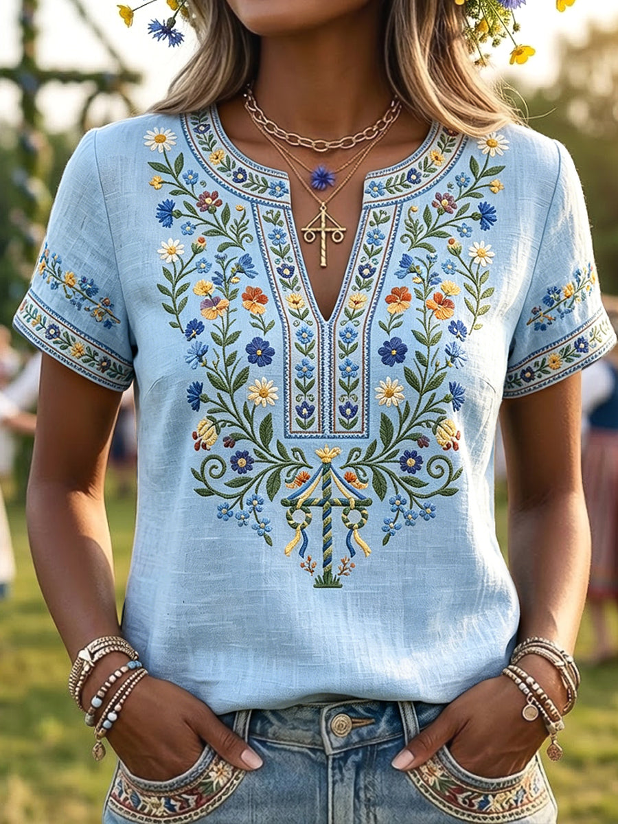 Kvinnors Retro Konst Svenska Midsommar Pole Blomma V-Hack T-shirt