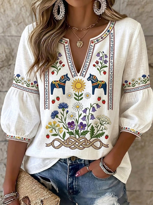 Vintage-stil svensk Midtsommer-karusell Blomstret V-hals Topp for kvinner