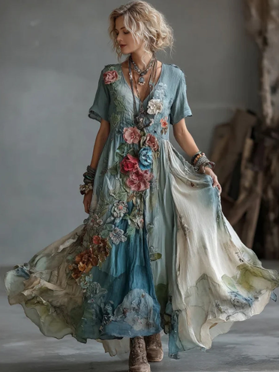 Kvinnors Vintage Gradient Blommor Broderad bomull och lin Maxi klänning