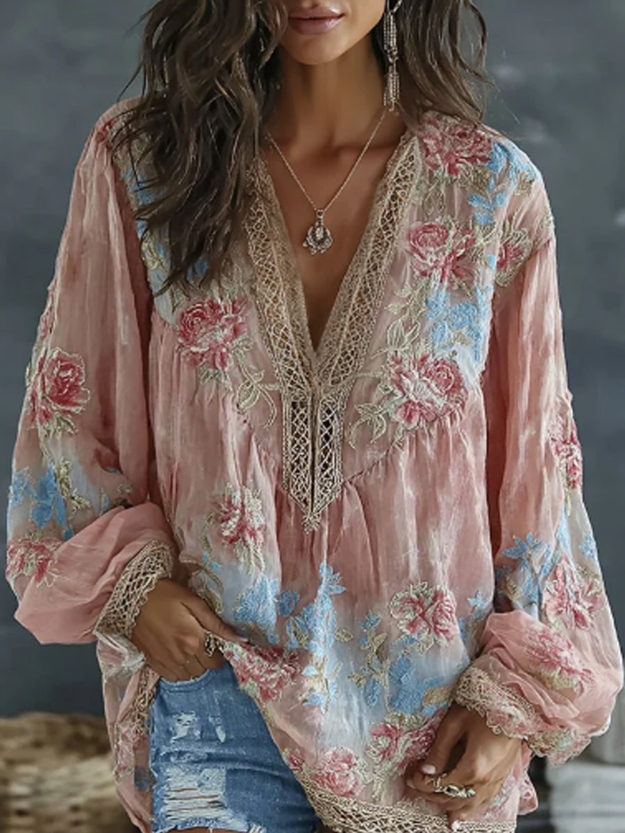 Kvinnors Vintage Floral och fjäril Broderad konst Print Flowy linn Bland Casual Tops