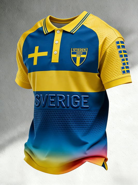 Retro svensk fotballflagg-emblem uformell pique-skjorte med korte ermer