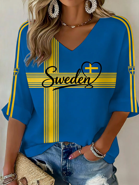 Damer Retro Svensk Fotballflagg Mønstret Avslappet T-skjorte
