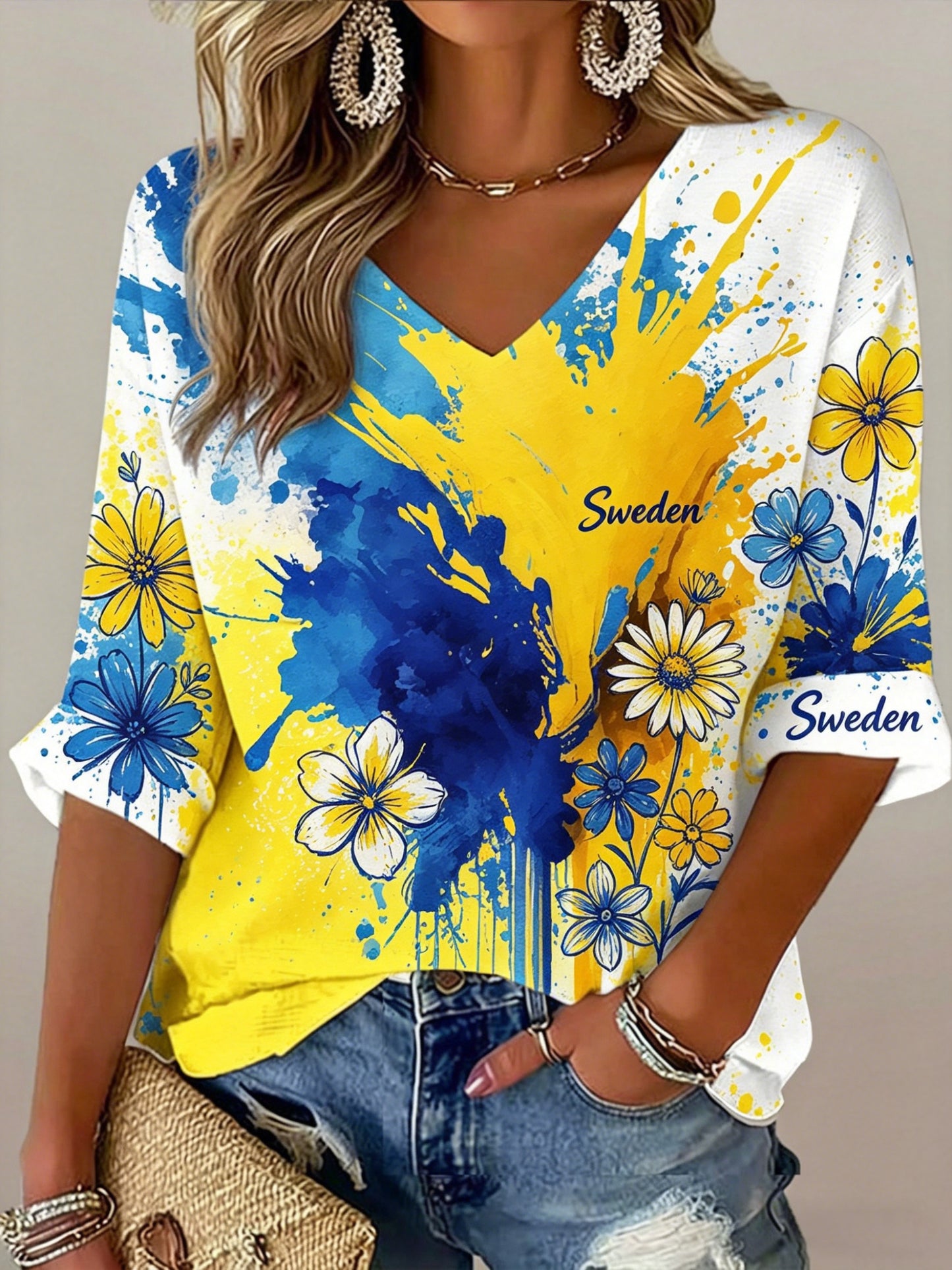 Damer Svensk midsommarfest minnesartprint T-shirt med V-ringning