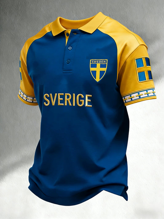 Retro svensk fotballflagg-emblem uformell pique-skjorte med korte ermer