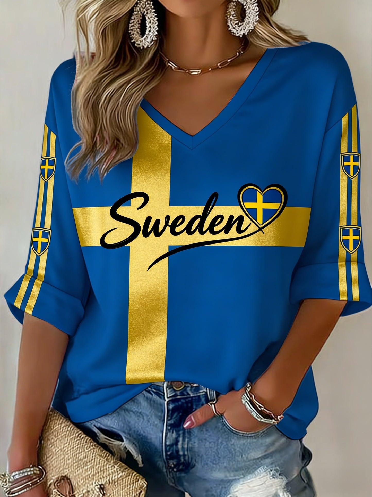 Damer Retro Svensk Fotbollsflagga Mönstrad Avslappnad T-shirt