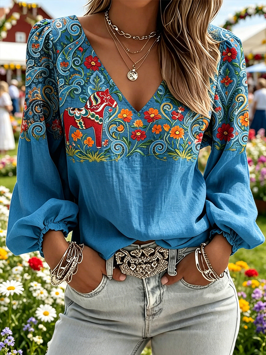 Kvinnors midsommar Festival Etniskt Print Casual Puff Slem V-Hack Topp