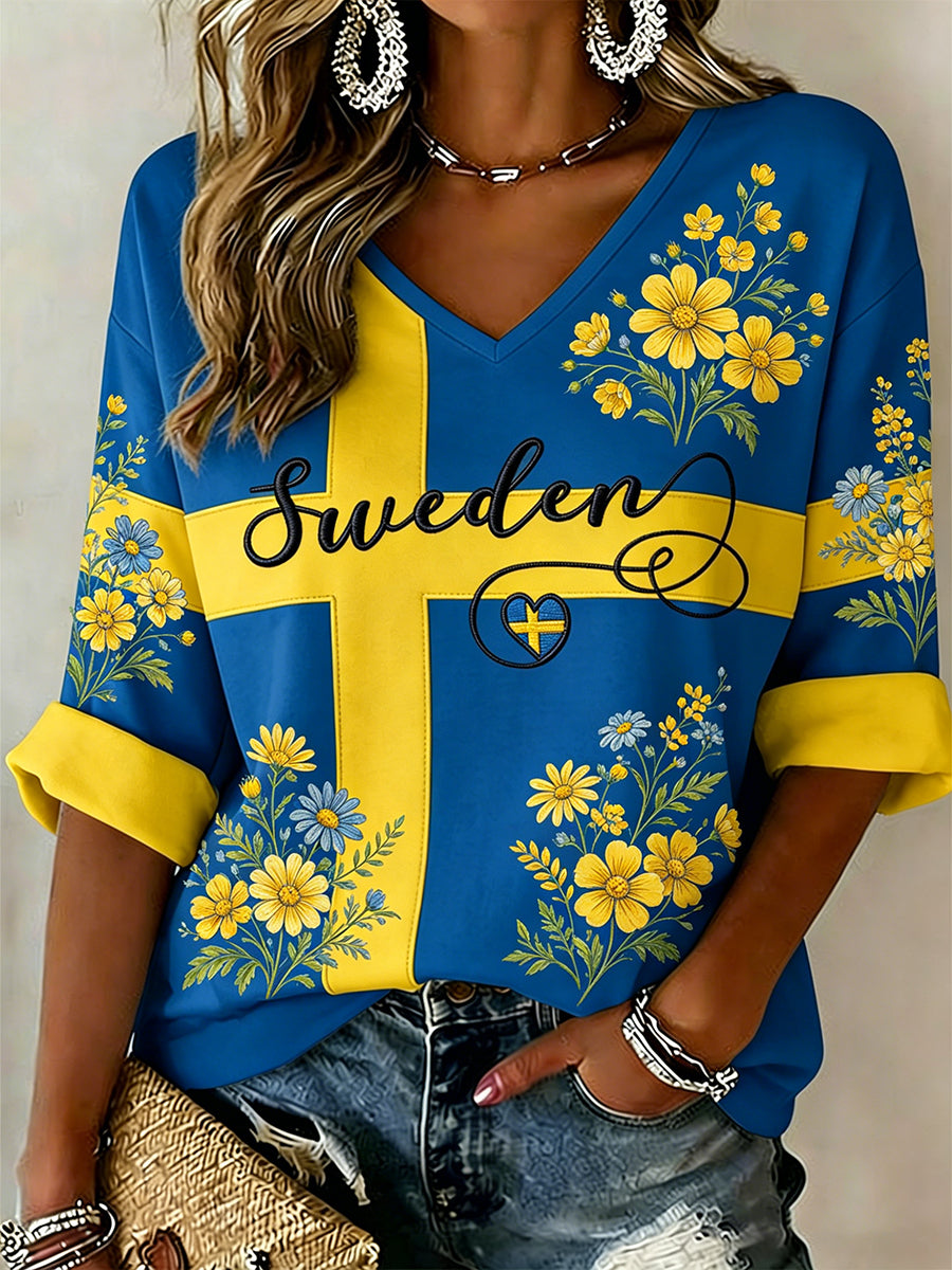 Kvinnors midsommarfestival Etniskt Print Casual V-Neck Topp