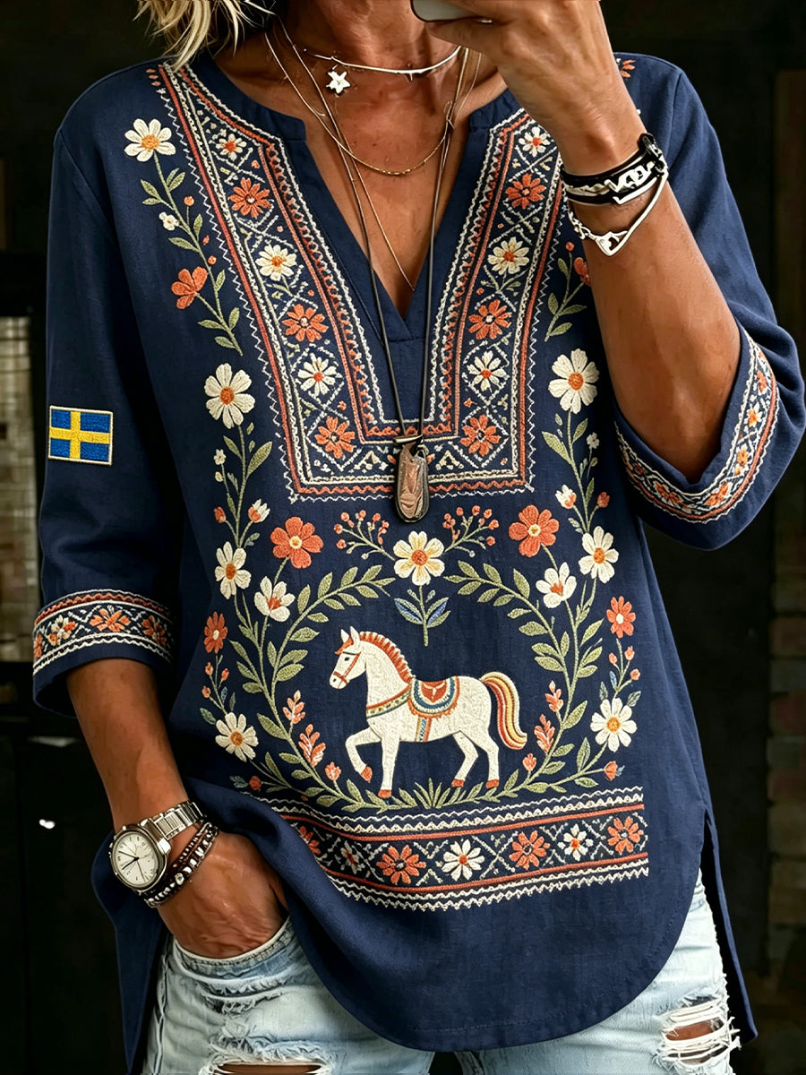 Dams midsommarfest etniskt tryckt avslappnad topp med V-ringning