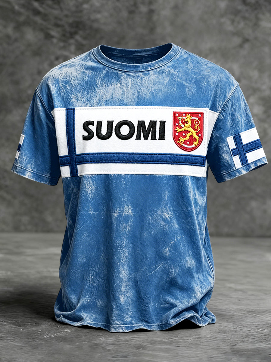 Mäns finska Suomi Vintage Patchwork Print Casual T-shirt
