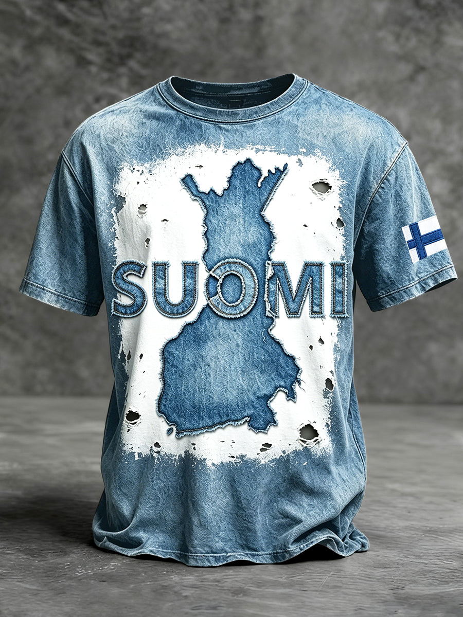 Mäns blå finländska Suomi Denim-Style nödtryckta T-shirt
