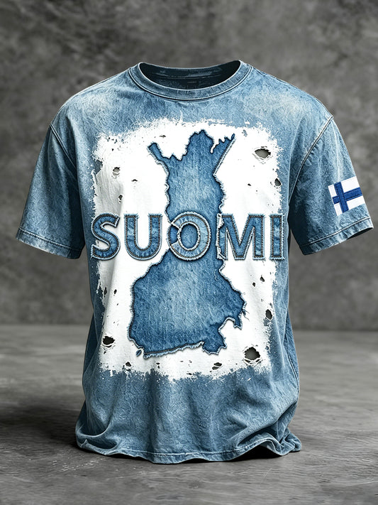 Menns blå finske Suomi Denim-Style nødtrykt t-skjorte